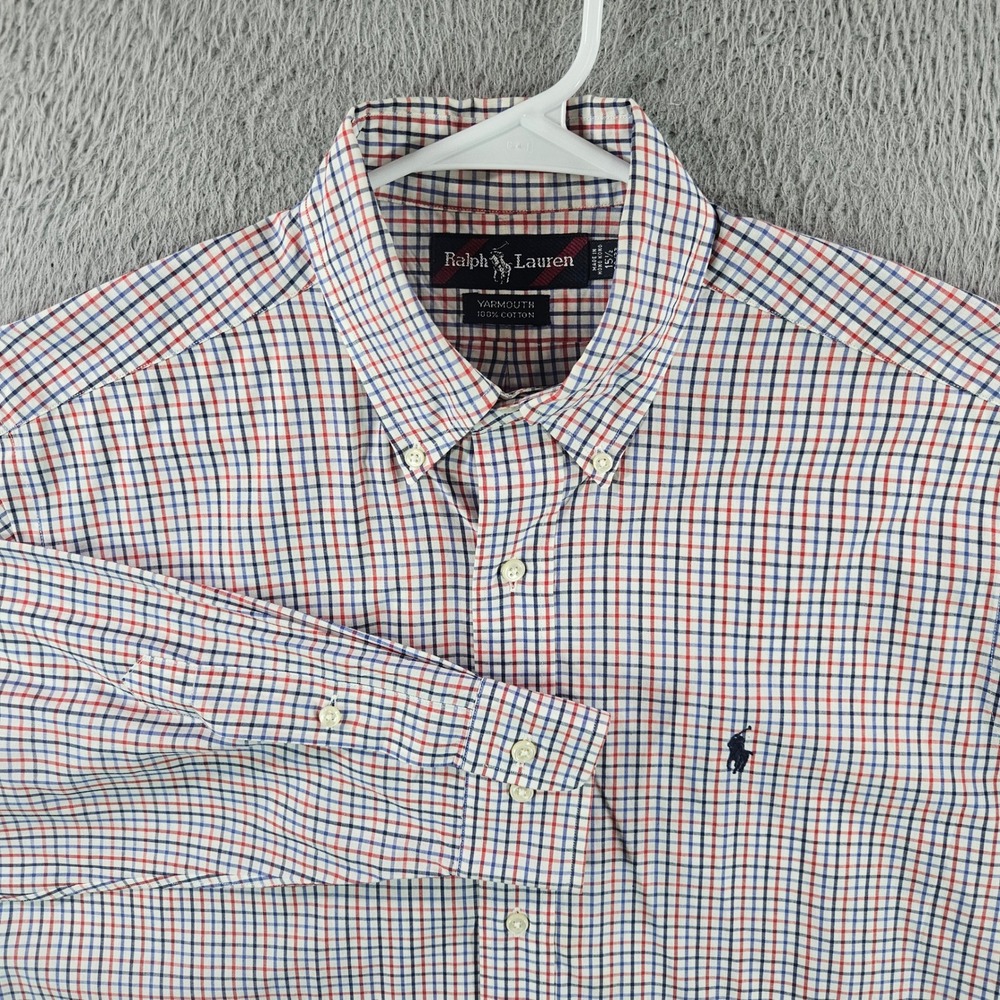 Ralph Lauren Yarmouth Mens 15.5 32/33 Button Down Shirt Cotton Check Red Blue